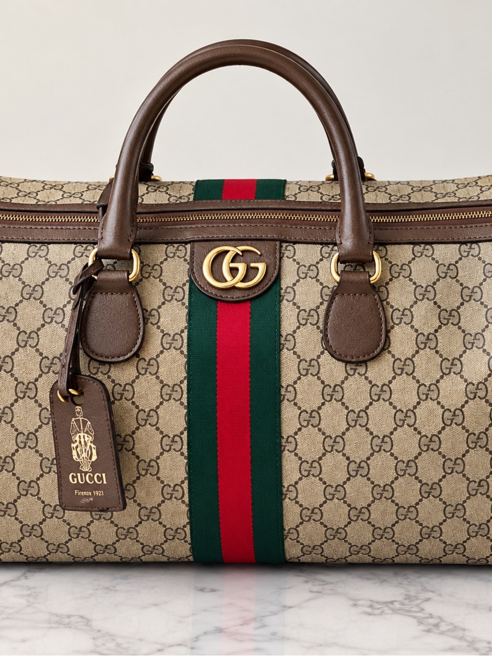 Gucci Beige GG Supreme Canvas Duffle with Brown Trim and Green-Red Web